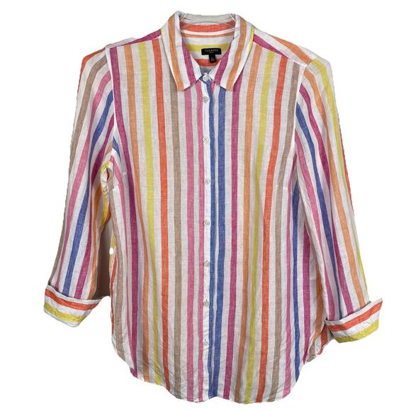 TALBOTS 100% Linen Boyfriend Shirt Petite Size LP Colorful Rockport Stripe - Picture 1 of 10